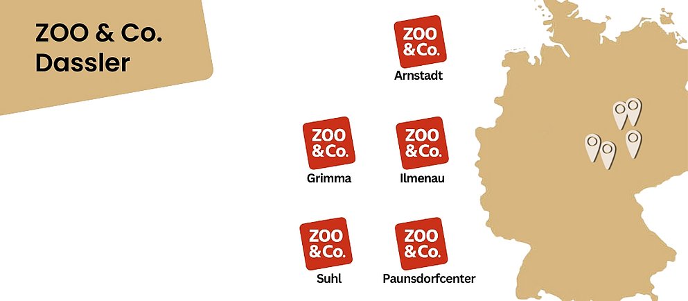 Grafik mit Deutschlandkarte und mehreren markierten ZOO & Co.-Standorten
